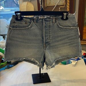 AGOLDE Raw Waist Denim Shorts Indigo Blue Size 23 High Rise Cutoff Jean Shorts